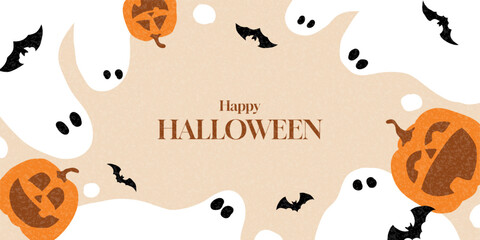 Happy Halloween holiday banner. Flat vector illustration with hand-drawn pumpkins, ghosts, bats. Cartoon Halloween gift card. Trendy banner for decoration cover, poster, card, social media, event.