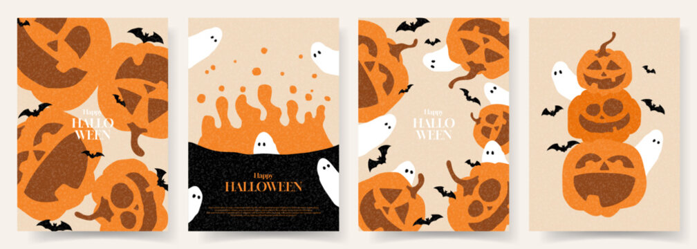 Happy Halloween greeting posters. Flat vector illustration with pumpkins, ghosts, potion pot, bats. Halloween gift cards. Holiday flyers for decoration cover, banner, card, social media, event.