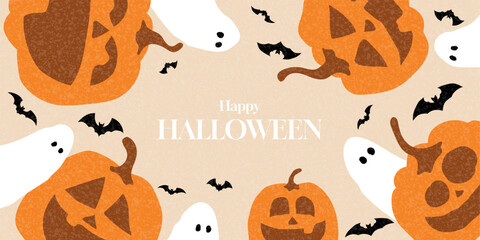 Happy Halloween holiday cover. Trendy vector banner with hand-drawn pumpkins, ghosts, bats. Cartoon Halloween gift card. Flat background for decoration cover, poster, card, social media, event.