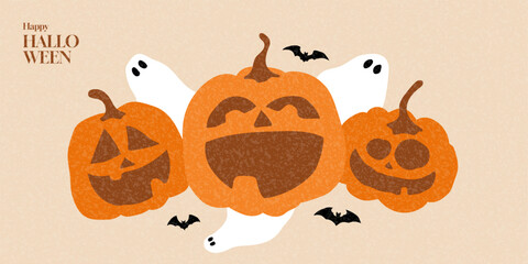 Happy Halloween horizontal banner. Trendy Halloween gift card. Cartoon vector banner with hand-drawn pumpkins, ghosts, bats. Flat background for decoration cover, poster, card, social media, event.