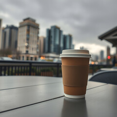 Takeaway coffee cup with lid placed on table overlooking urban skyline with cloudy sky and soft morning light