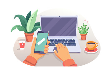 Digital work from home, handles and notebooks on the table with coffee and decorative plants, a cosy atmosphere for a modern lifestyle and business.