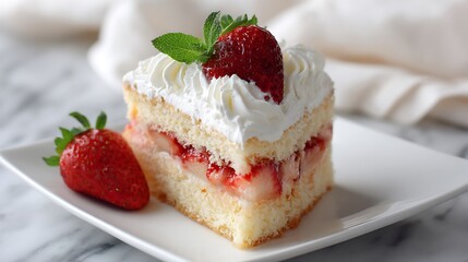 Strawberry Shortcake Slice with Whipped Cream and Fresh Mint