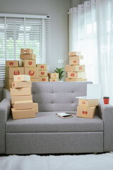 A delivery box on the sofa represents the growing trend of online shopping and the emergence of small startup businesses.