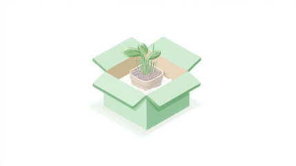Potted plant is nestled inside light green delivery box, symbolizing eco friendliness and care for nature. This illustration captures essence of sustainable living and plant delivery