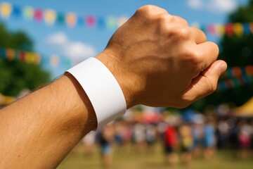 Wristband Event Access: A close-up shot of a person's arm, showcasing a blank white wristband symbolizing event entry or identification.  The vibrant.