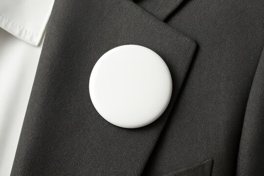 White Button on the Suit: An elegant close-up shot featuring a pristine white button pinned to a classic black suit, portraying understated sophistication and professional image. - Powered by Adobe