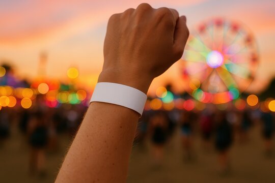 Festival Wristband: A wristband is worn with pride during an outdoor festival. Vibrant colors and excitement fills the air as people revel in the celebratory atmosphere, creating an exciting moment.