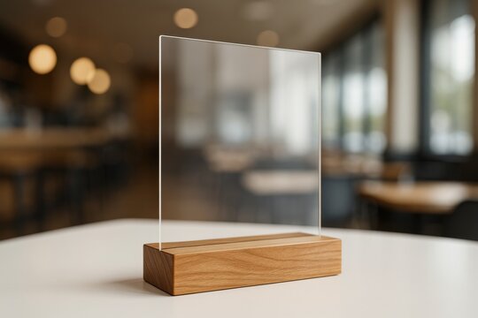 Clear Acrylic Sign: A transparent acrylic sign stands on a sleek wooden base, creating a stylish display on a restaurant table, perfect for showcasing menus or promotions.
