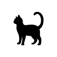 black silhouette of cat standing with tail up on white background