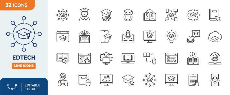education technology line editable icon set. Editable stroke. Vector illustration