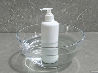 Faceless lotion bottle sitting inside a clear water bowl, captured through wet glass

