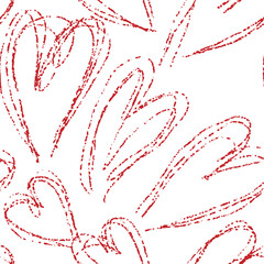 Hearts wavy line seamless pattern hand drawn. Red doodle symbols on white.