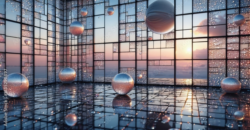 Poster futuristic room features reflective spheres, grid floor, expansive window view. sunset colors domina