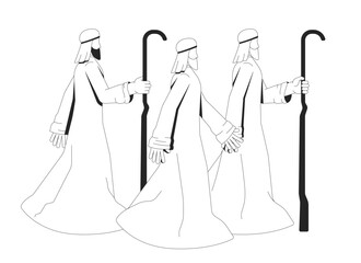 Three shepherds on biblical journey in nativity story 2D line bible characters. Middle eastern wise men travelers in ancient robes isolated vector ink outline people. Monochromatic spot illustration