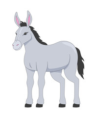 Standing donkey with black mane 2D cartoon character. Domesticated desert animal. Beast of burden. Rural mule. Cute livestock flat vector animal isolated on white. Spot illustration colorful