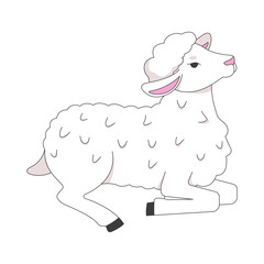 Lamb lying down in peaceful pose 2D cartoon character. Innocence. Pastoral gentle creature. Cute little sheep with soft white wool flat vector animal isolated on white. Spot illustration colorful