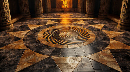 A majestic hall floor features a central starburst and spiral design in contrasting dark and golden tones, flanked by imposing columns.