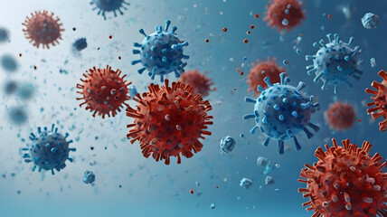 High-quality 3D render of various colorful virus particles floating on a light blue background. 
