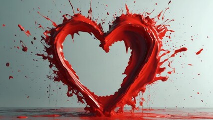 Vibrant red heart shape created with splashes of paint, set against a minimalist gray background