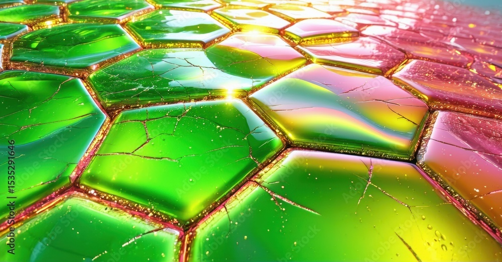 Poster Hexagonal pattern dominates image. Vibrant colors blend, creating futuristic texture. Light reflects off facets, adding depth.