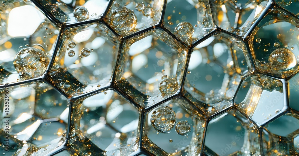 Poster hexagonal cells contain liquid, bubbles. teal, gold tones create abstract pattern. macro photography