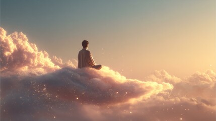 Meditating person on a pastel cloud floating in soft sky with gentle golden glow and light sparkles
