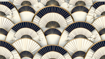 Fototapeta premium A pattern of layered, cream-colored, and dark blue fan shapes with golden accents, suggesting an Art Japanese aesthetic.