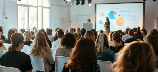 A diverse group of attendees listens intently in a contemporary conference room while presenters share insights on data and trends Generative AI
