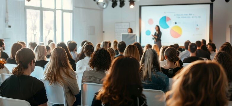 A diverse group of attendees listens intently in a contemporary conference room while presenters share insights on data and trends Generative AI