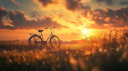 Naklejka premium Sunset, bicycle, golden field