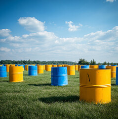 a playful pop paintball arena, with newly painted glossy yellow and bright blue barrels, spread in order in an open grass area, daylight, sky, bright