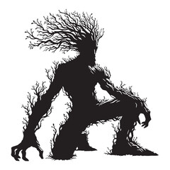 Fototapeta premium Classic Scary Ent Walking Tree Depiction Graphic, with a Mossy Look and Deep Eyes - ent silhouette - ent vector - silhouette of ent - Ent illustration 