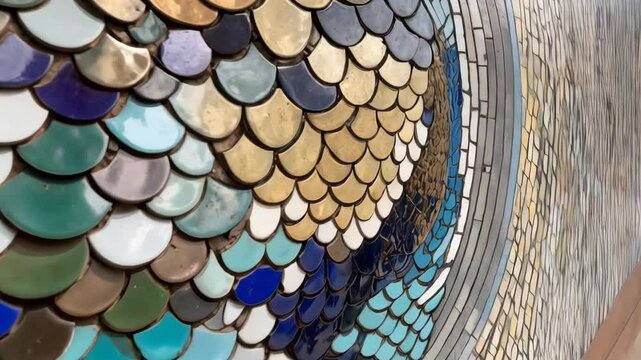 Abstract fish scale mosaic pattern on a wall featuring teal, blue, brown, green, and white tiles in an arrangement.