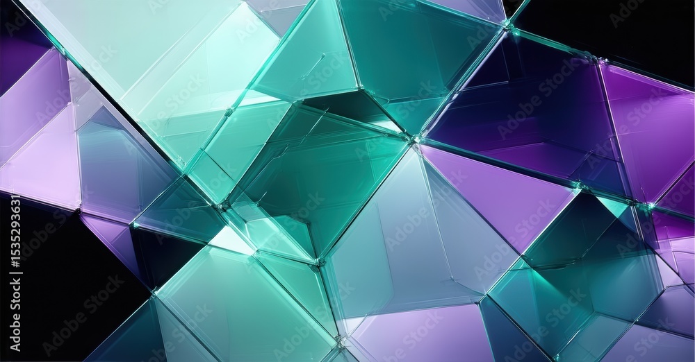 Poster abstract geometric shapes, teal, purple hues. complex facets reflect light, creating dynamic visual 