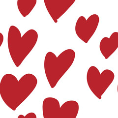Hearts polka dot seamless pattern hand drawn. Red painted doodle symbols on white. Looks like cow spots