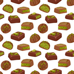 Dark and milk chocolate truffles with pistachio nuts topping. Vector cartoon hand drawn illustration of sweet trendy Dubai candy bar for packaging, dessert visuals, textile, wrapping, menu background