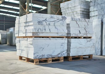 Rows of polished white marble slabs are neatly stacked on wooden pallets within a spacious warehouse environment, ready for various uses