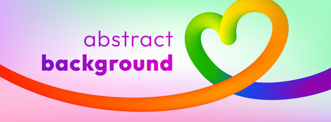 Vibrant abstract banner with smooth colorful ribbon on soft pastel holographic background. Vivid bold line flows and twists in dynamic heart shaped loops, adding motion, energy and cheerful vibe