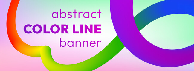 Vibrant abstract banner with smooth colorful ribbon on soft pastel holographic background. Vivid bold line flows and twists across the image in dynamic loops, adding motion, energy and cheerful vibe