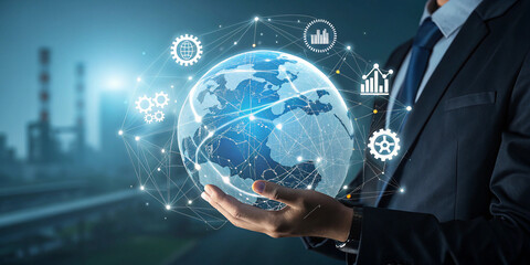 The Businessman Holds a Global Industry 4.0 Sphere for Innovation