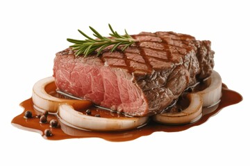 Take Your Taste Buds on a Journey of Pure Pleasure with this Succulent, Perfectly Cooked Beef Steak on a Bed of White, Isolated Serenity Generative AI isolated, white background