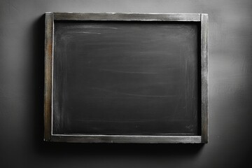 A blank black chalkboard with a vintage wooden frame stands against a dark background, providing a clean slate for creativity and communication