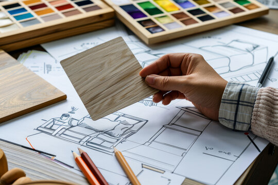 A designer focused on creating an interior layout holds up a wooden sample, surrounded by sketches and color palettes in a workspace