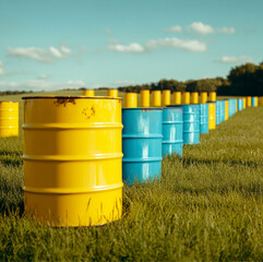a playful pop paintball arena, with newly painted glossy yellow and bright blue barrels, spread in order in an open grass area, daylight, sky, bright