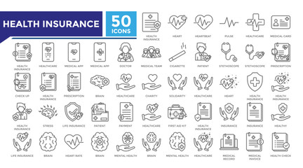 Health insurance lineal icon set collection. This set includes psychology, nurse, anxiety, checkup, policy and more icons in 
lineal style. Vector icons collection for websites and infographics