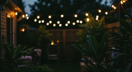 Naklejka premium Cozy backyard evening with string lights and plants creating a warm ambiance