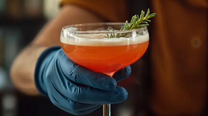 Gloved hand holding cocktail with rosemary garnish in bar setting  
