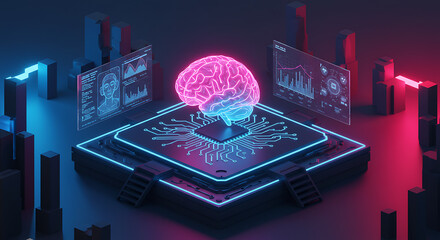 Futuristic Artificial Intelligence: Brain on Circuit Board with Data Visualizations