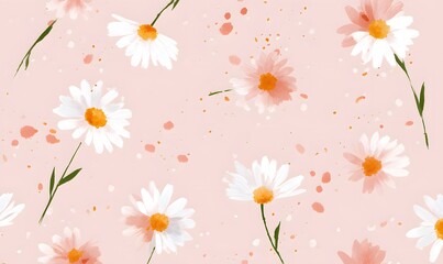 simple and colorful illustration of cute tiny minimalist white daisies in a pattern style on pale pink background. Generative AI